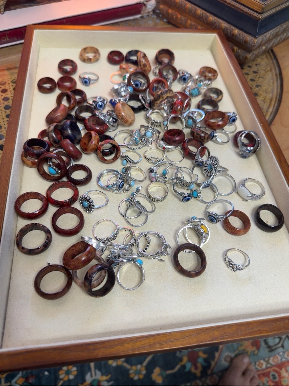 Huge Mixed Fashion Ring Lot 80+ Wood Evil Eye Boho Western Adjustable Rings
